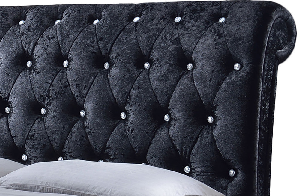 Castello Black Velvet Faux Crystal-ButToned Sleigh King Platform Bed