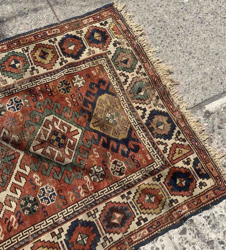 Handmade Antique Caucasian Kazak Rug 3.4'x4.4', 103cmx134cm 1880s