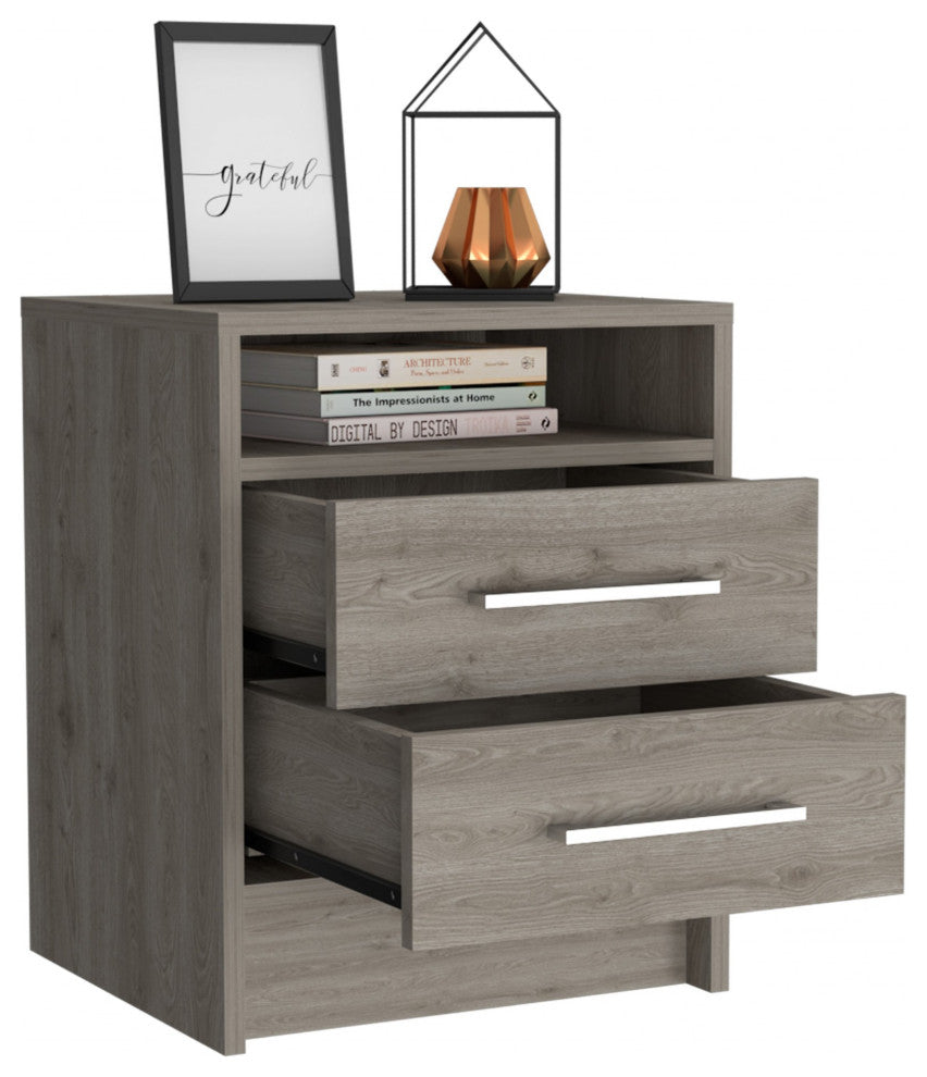 Light Grey Open Compartment Two Drawer Nightstand