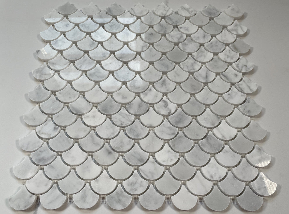 Carrara White Marble Fish Scale Dragon Scale Fan Mosaic Tile Polished, 1 sheet