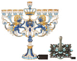 Matashi Spinning Dreidel Ornaments and Blue-Ivory Regal Lion Menorah Candelabra