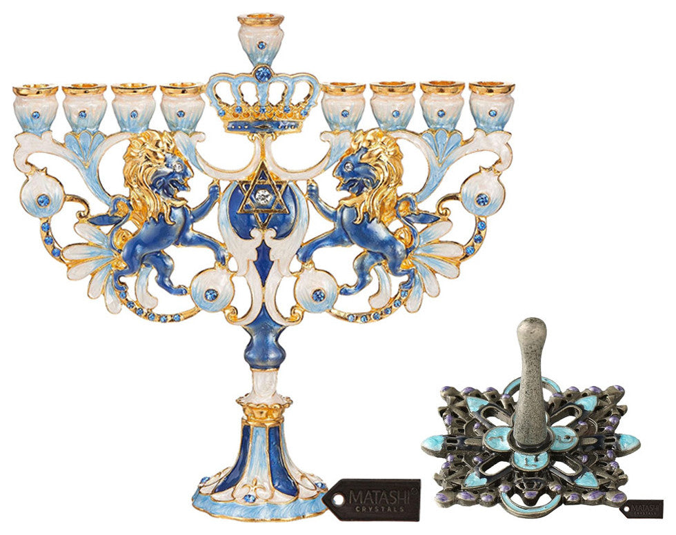 Matashi Spinning Dreidel Ornaments and Blue-Ivory Regal Lion Menorah Candelabra