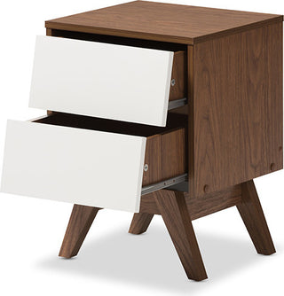 Hildon Mid-Century White and Walnut Wood 2-Drawer Storage Nightstand