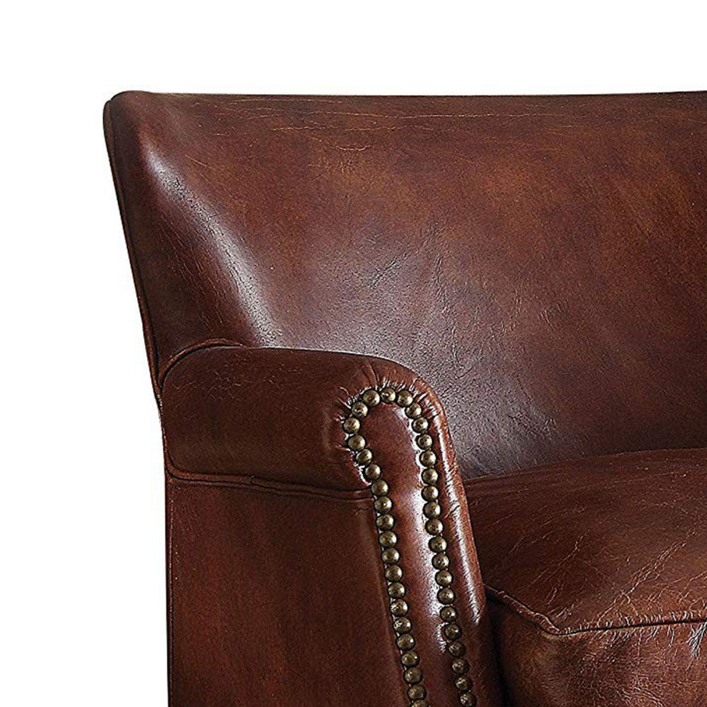 Benzara BM177728 Leather Upholstered Accent Chair With Nailhead Trim, Dark Brown