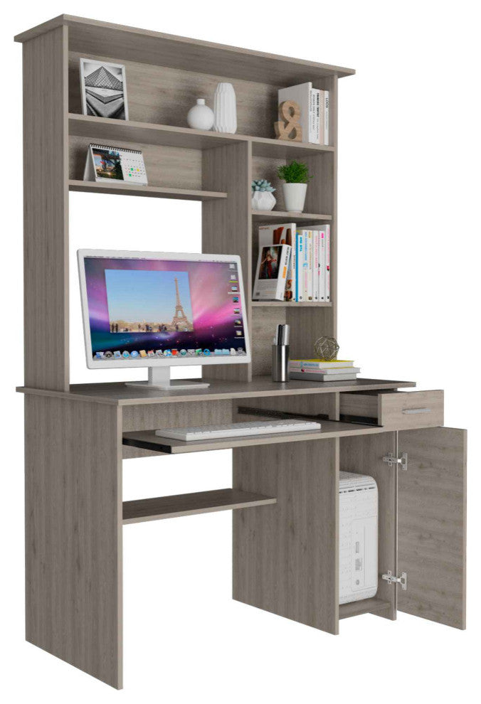 Weston 2 Computer Desk, With 2 Drawers, 6 Shelves And Hutch, Light Gray