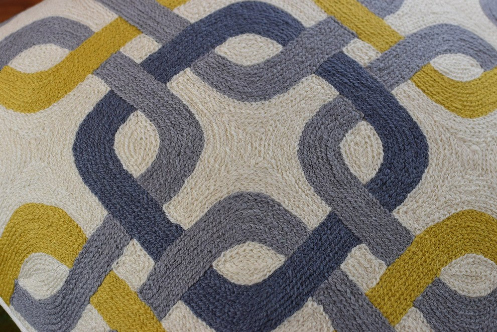 Gotcha Geometric Suzani Ivory Gray Gold Pillow Cover Handembroidered Wool 20x20"
