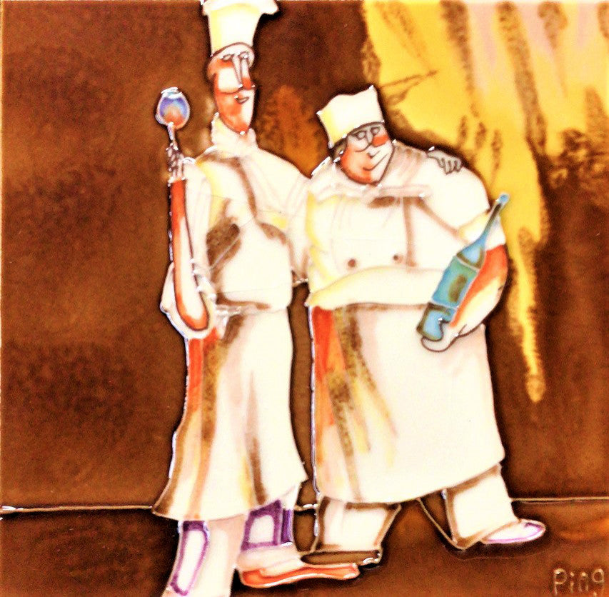 8x8" Two Chefs Ceramic Art Tile Hot Plate Trivet and Wall Decor