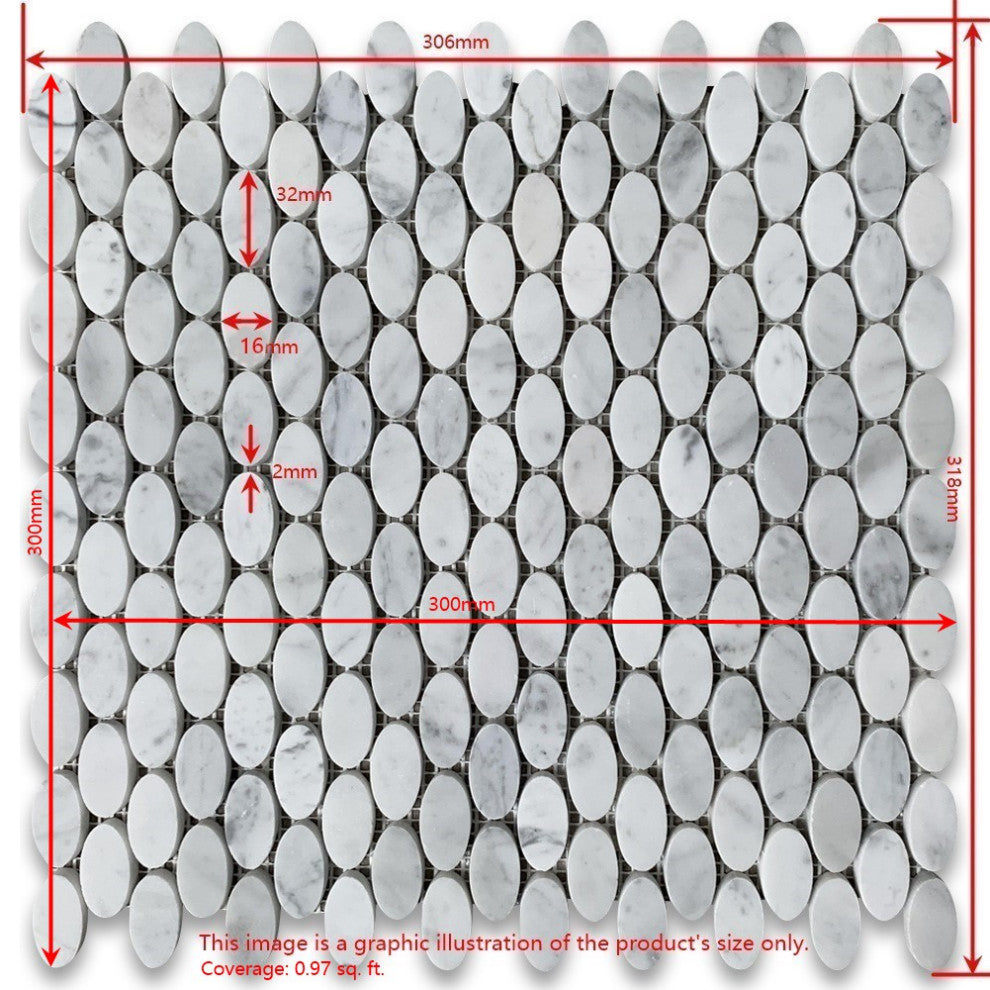 Nero Marquina Black Marble 1-1/4x5/8 Oval Ellipse Mosaic Tile Polished, 1 sheet