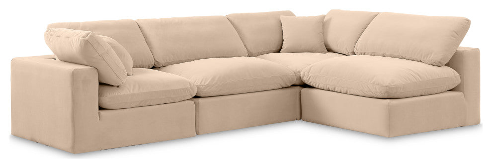 Comfy Upholstered L-Shaped Modular Sectional, Beige, 4-Piece: 2 Armless Chair, 2 Corner Chair, Velvet