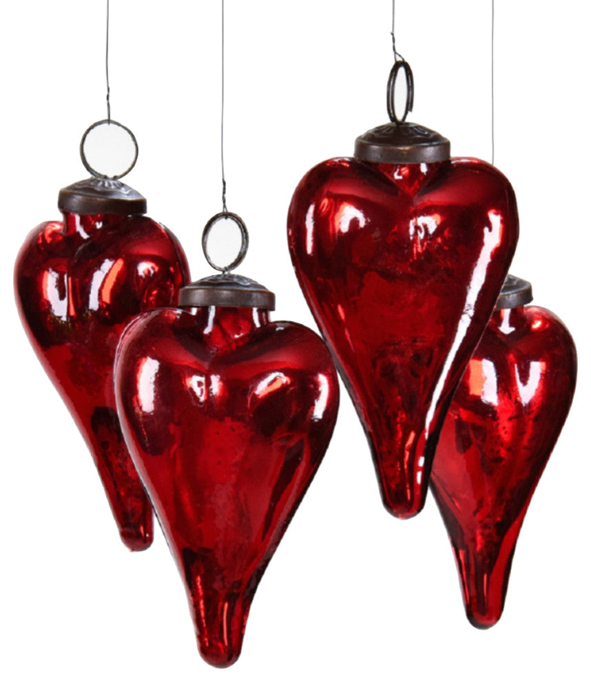 Set of 4 Antique Red Glass Heart Ornaments, 3" Tall
