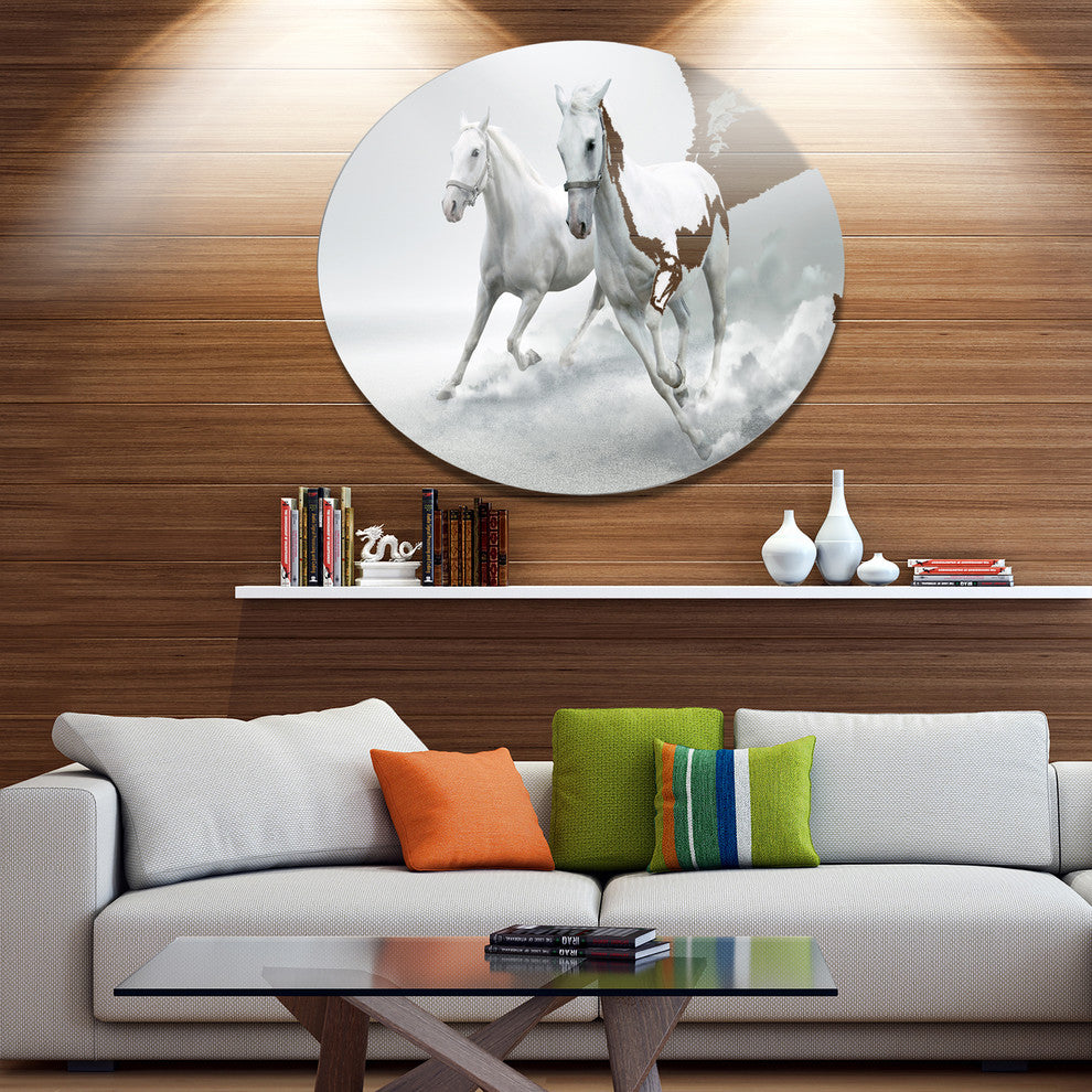 Running White Horses, Animal Large Disc Metal Wall Art, 23"