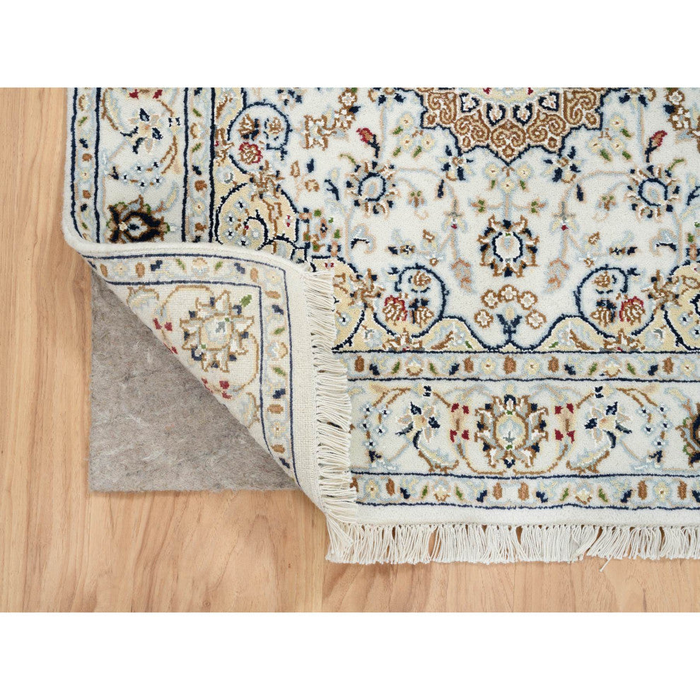Ivory 250 KPSI Nain Flower Design Wool and Silk Hand Knotted Rug, 3'0"x3'1"