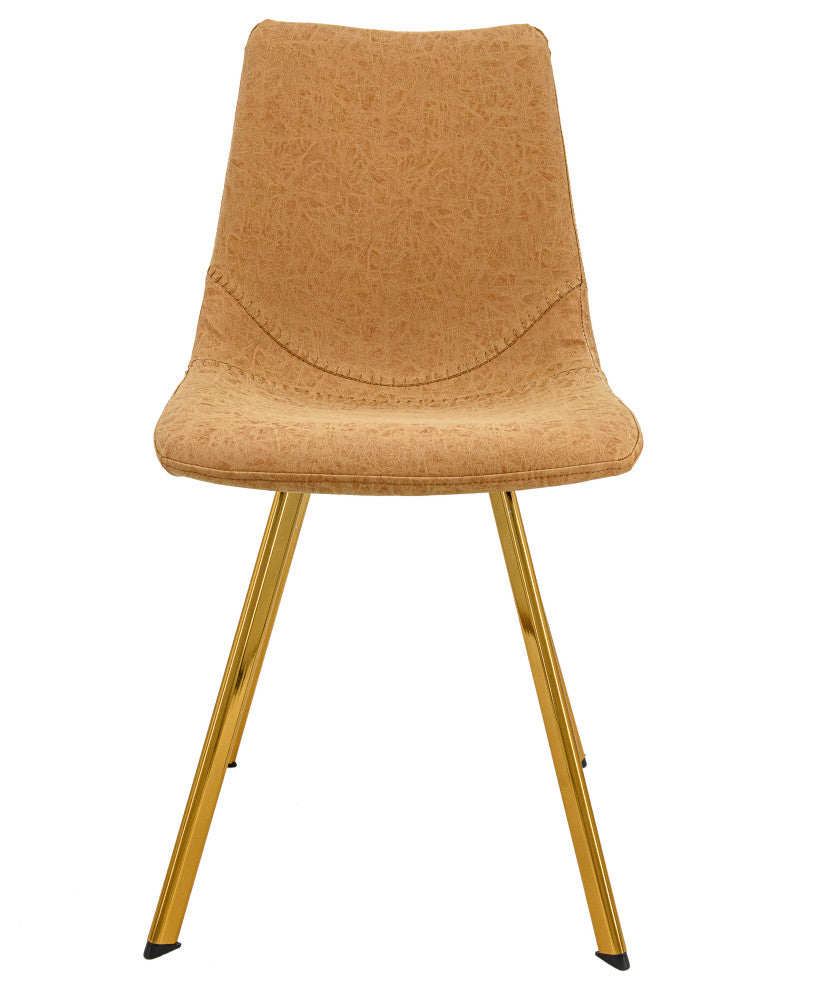 LeisureMod Markley Leather Dining Chair With Gold Legs Set of 4, Light Brown
