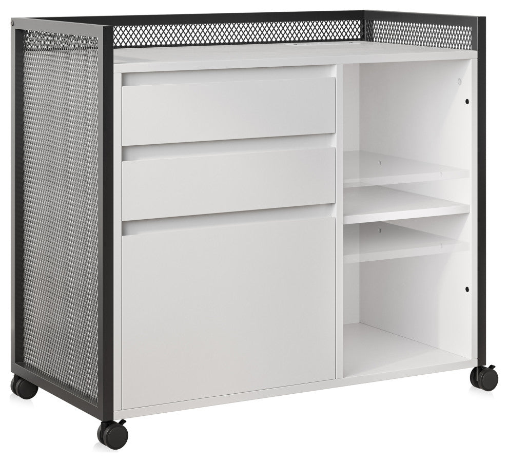 3-Drawer Mobile File Cabinet Desk with Fast Charger Station - White