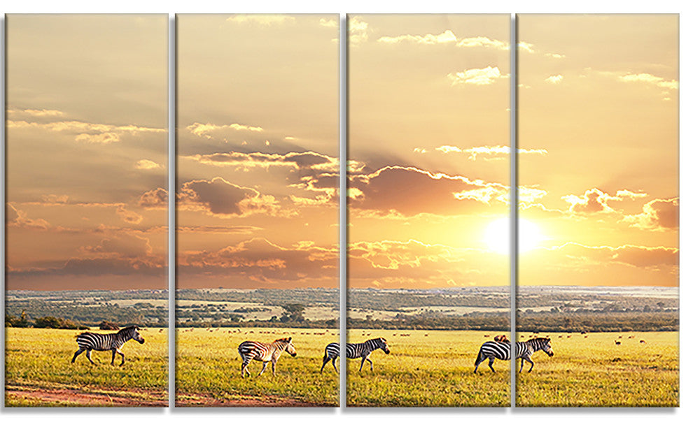 Zebras Wandering in African Prairie, Landscape Canvas Art, 48"x28", 4 Panels