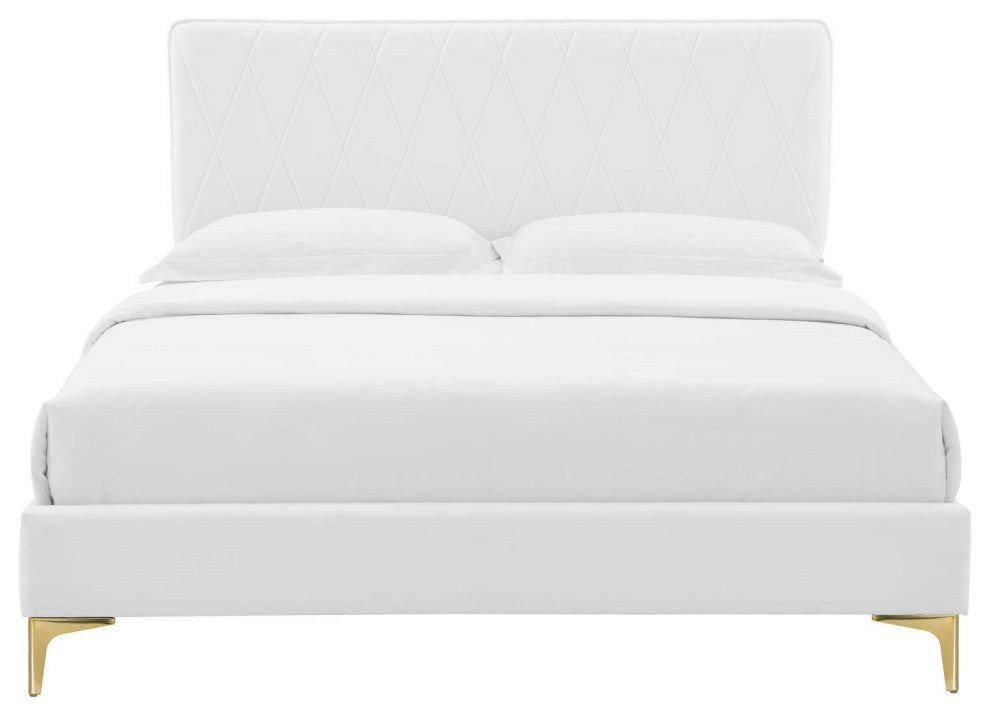 Platform Bed Frame, Queen Size, Velvet, White, Modern Contemporary, Bedroom