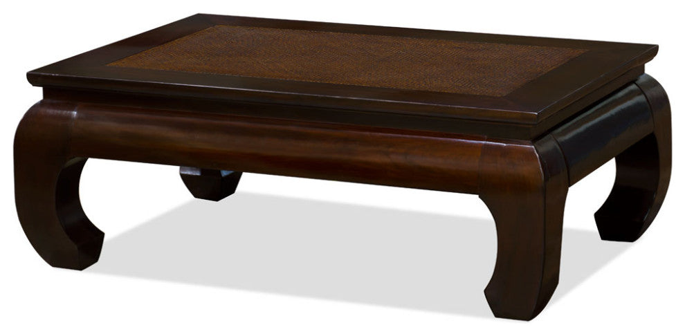 Vintage Dark Espresso Elmwood Chinese Rectangular Coffee Table with Rattan Mat
