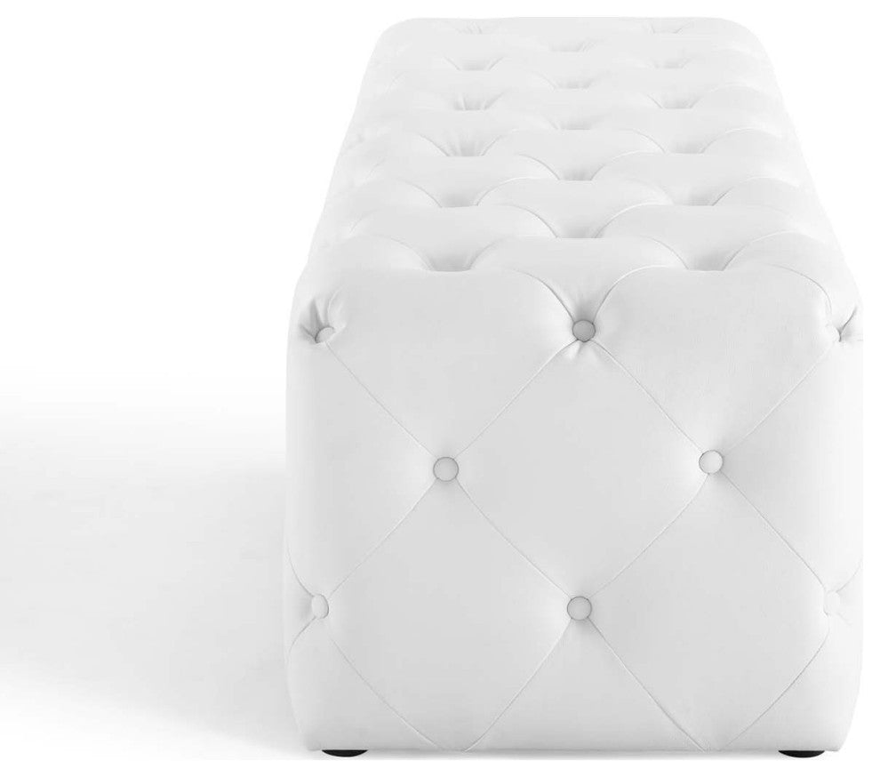 Tufted Accent Chair Bench, Faux Leather, White, Modern, Lounge Hospitality