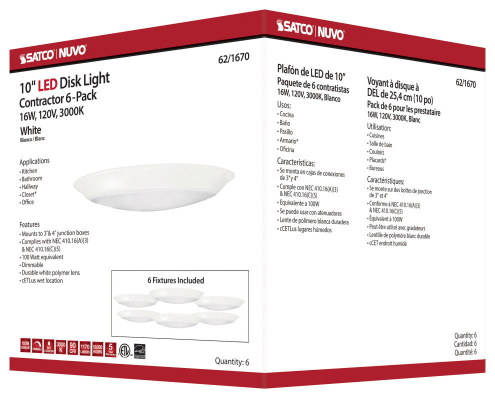 10 inch - LED Disk Light - 3000K - 6 Unit Contractor Pack - White Finish