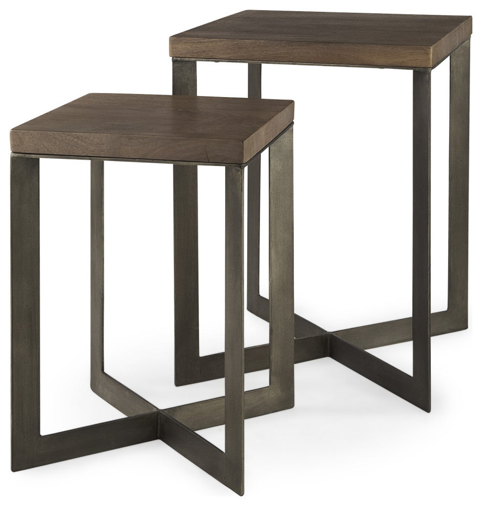 2-Piece Geo Dark Brown Metallic and Wood Table Set