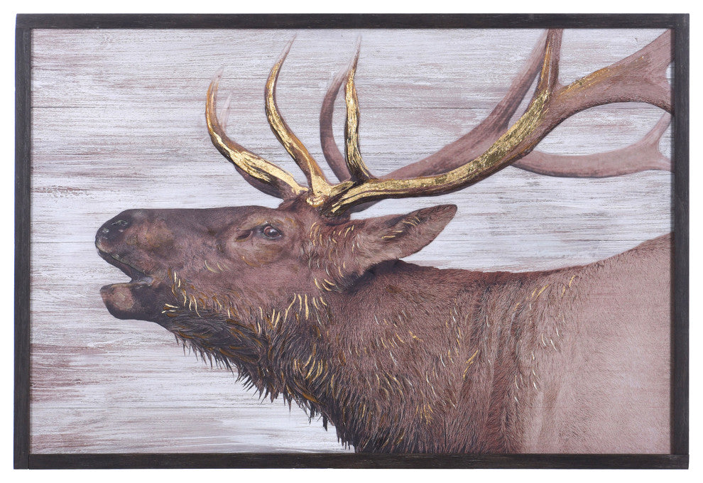 Rustic Moose Print With Hand Painted Brush Marks Distressed Brown Frame