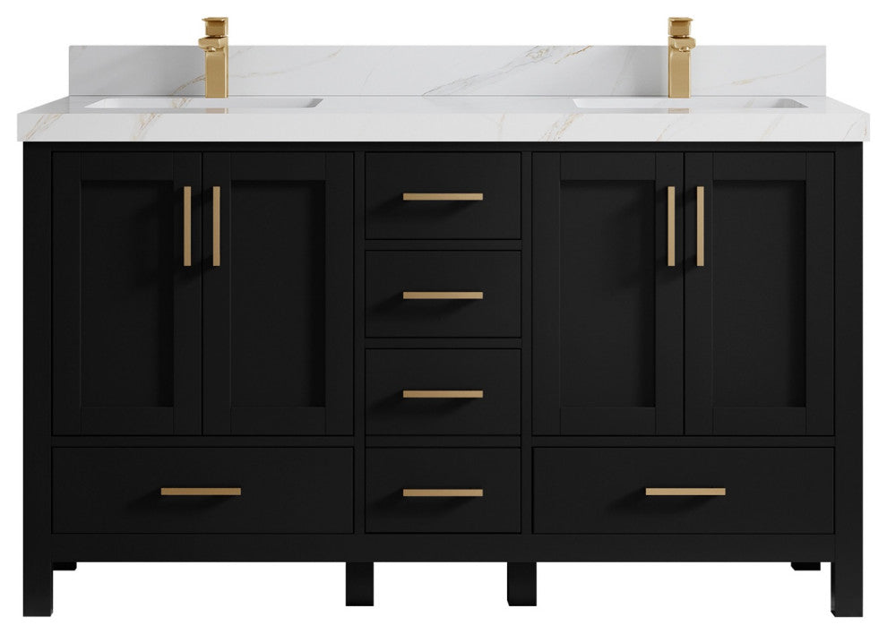 Malibu 60" Double Sink Bathroom Vanity in Black 2" Calacatta Sienna