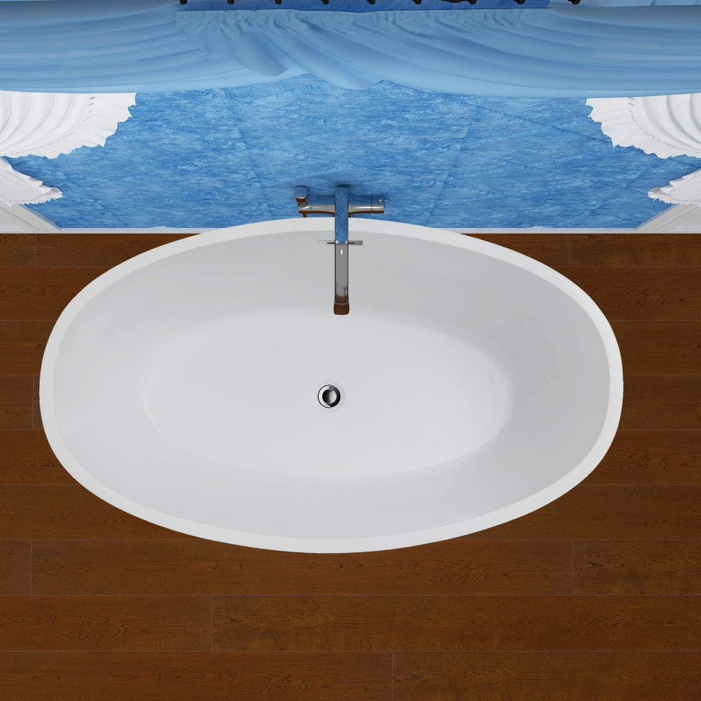 Vanity Art 55"x32" Acrylic Freestanding Soaking Bathtub, White/Classic Chrome