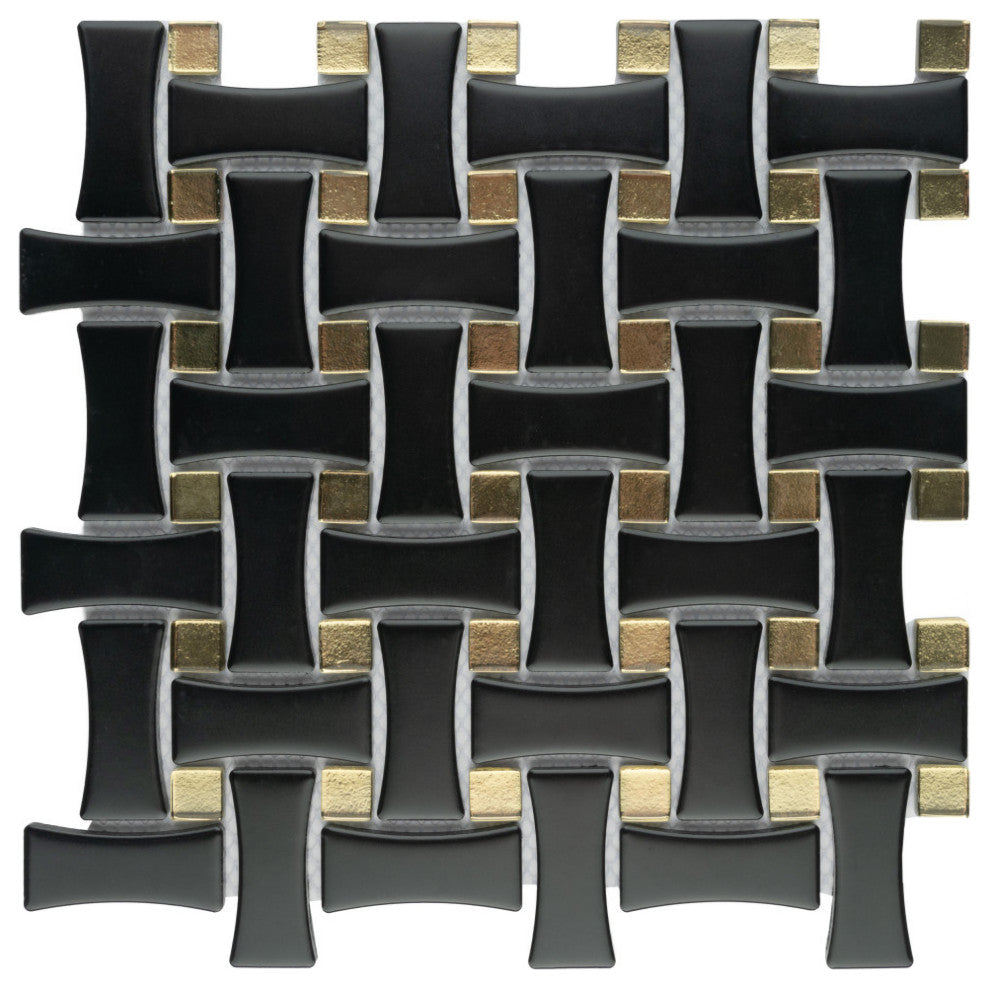 Metro Dog Bone Basketweave Matte Black w/Glass Gold Dot Porcelain Wall Tile