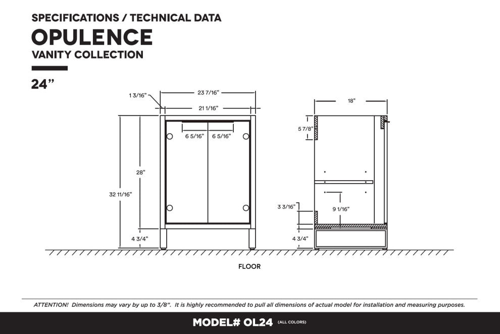 Opulence Bath Vanity, Black Matte, 24", Chrome Hardware, White Carrara Top