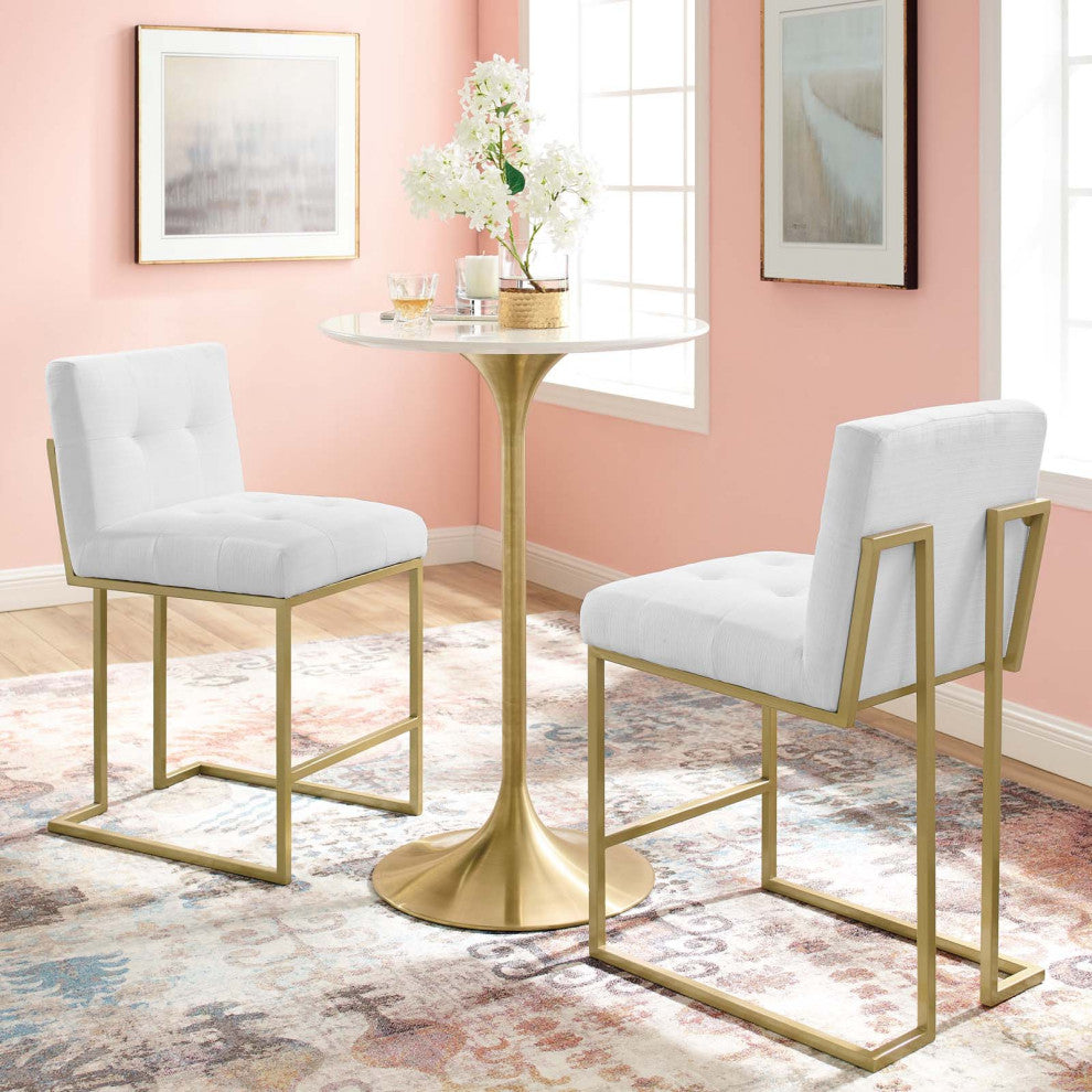 Counter Stool Chair, Set of 2, Fabric, Metal, Gold White, Modern, Bar Pub Bistro