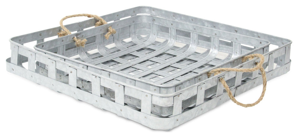 Set of 2 Galvanized Metal Tray With Rope Handles