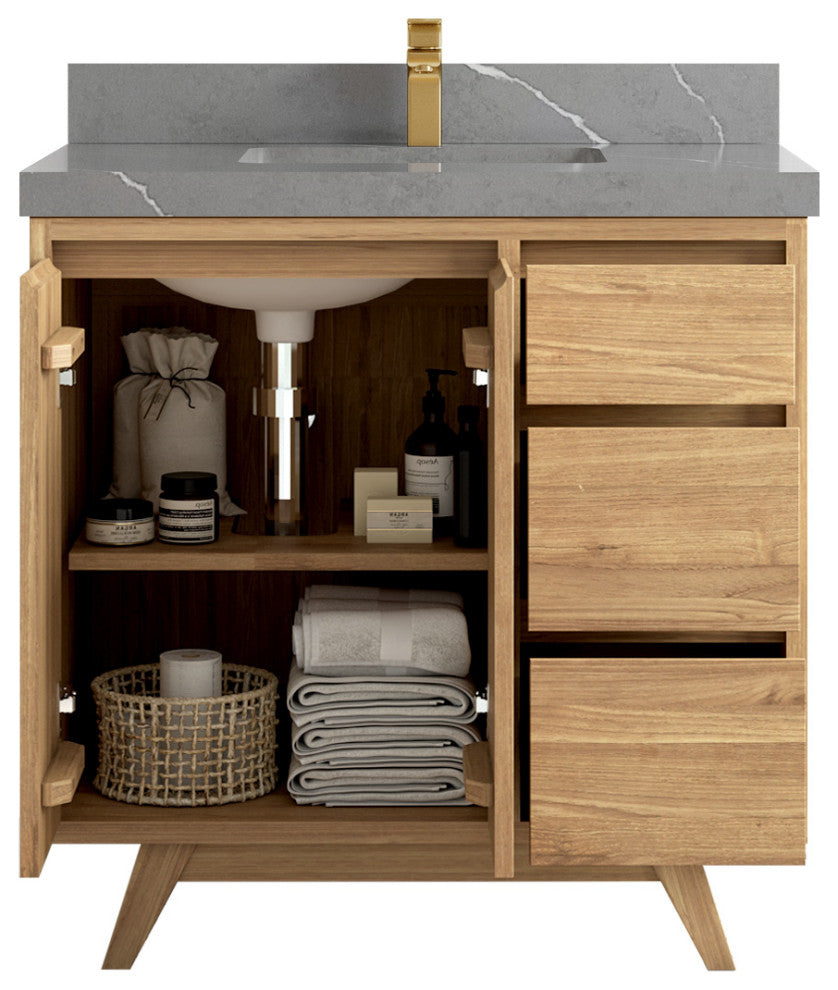 Madison Teak 36 Center Sink Bath Vanity in Light Natural 2" Piatra Gray