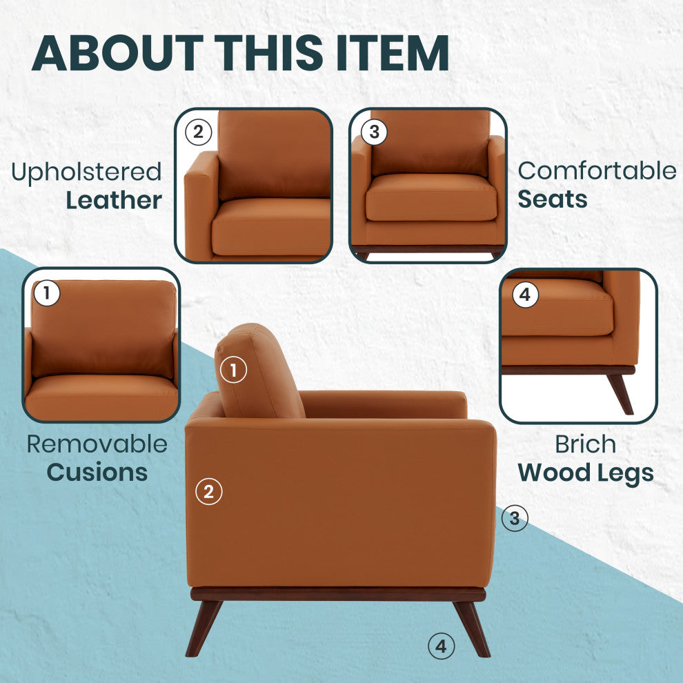 LeisureMod Chester Mid-Century Modern Faux Leather Accent Arm Chair, Cognac Tan