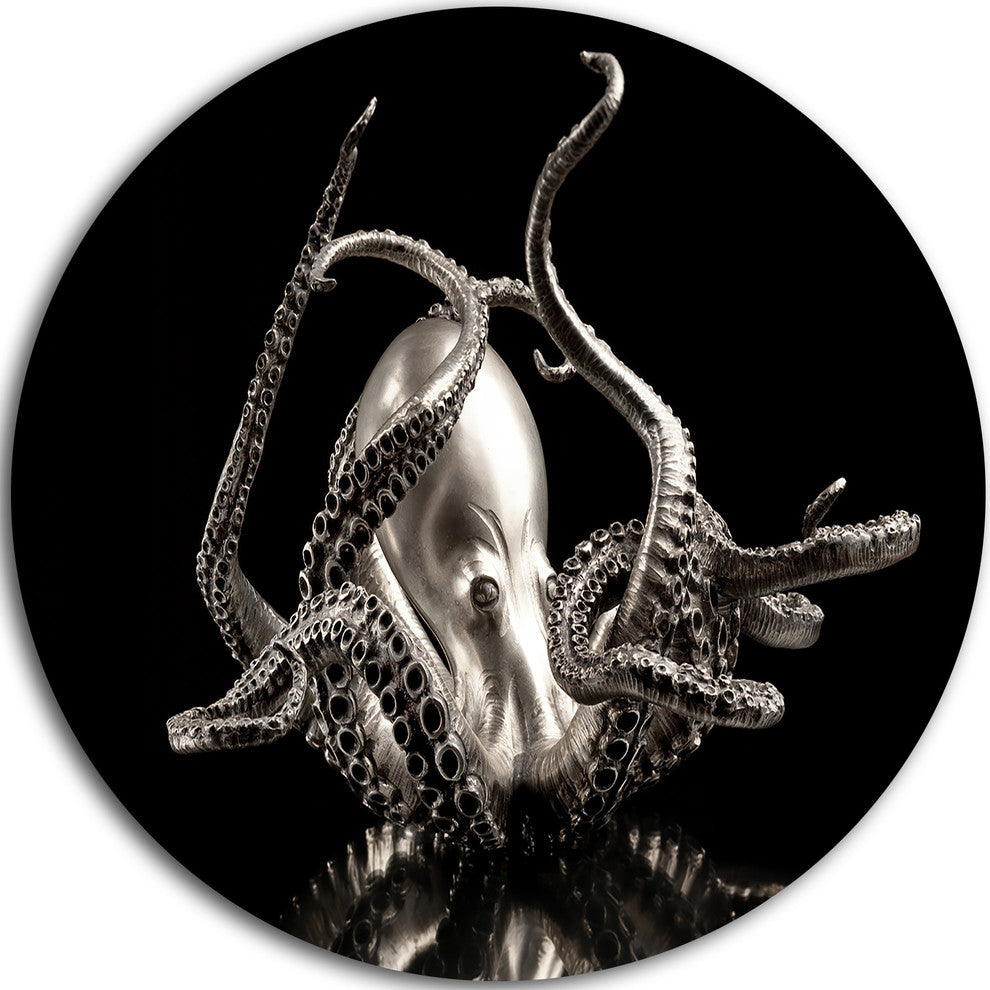Silver Octopus, Abstract Digital Art Disc Metal Artwork, 23"