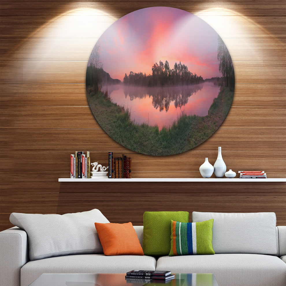Purple Tinged Lake Sunrise View, Landscape Disc Metal Wall Art, 23"