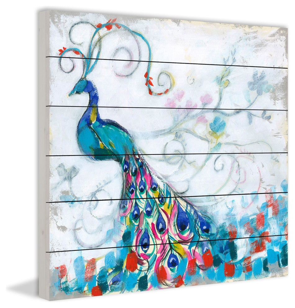 "Confetti Peacock II" Painting Print on White Wood, 18x18
