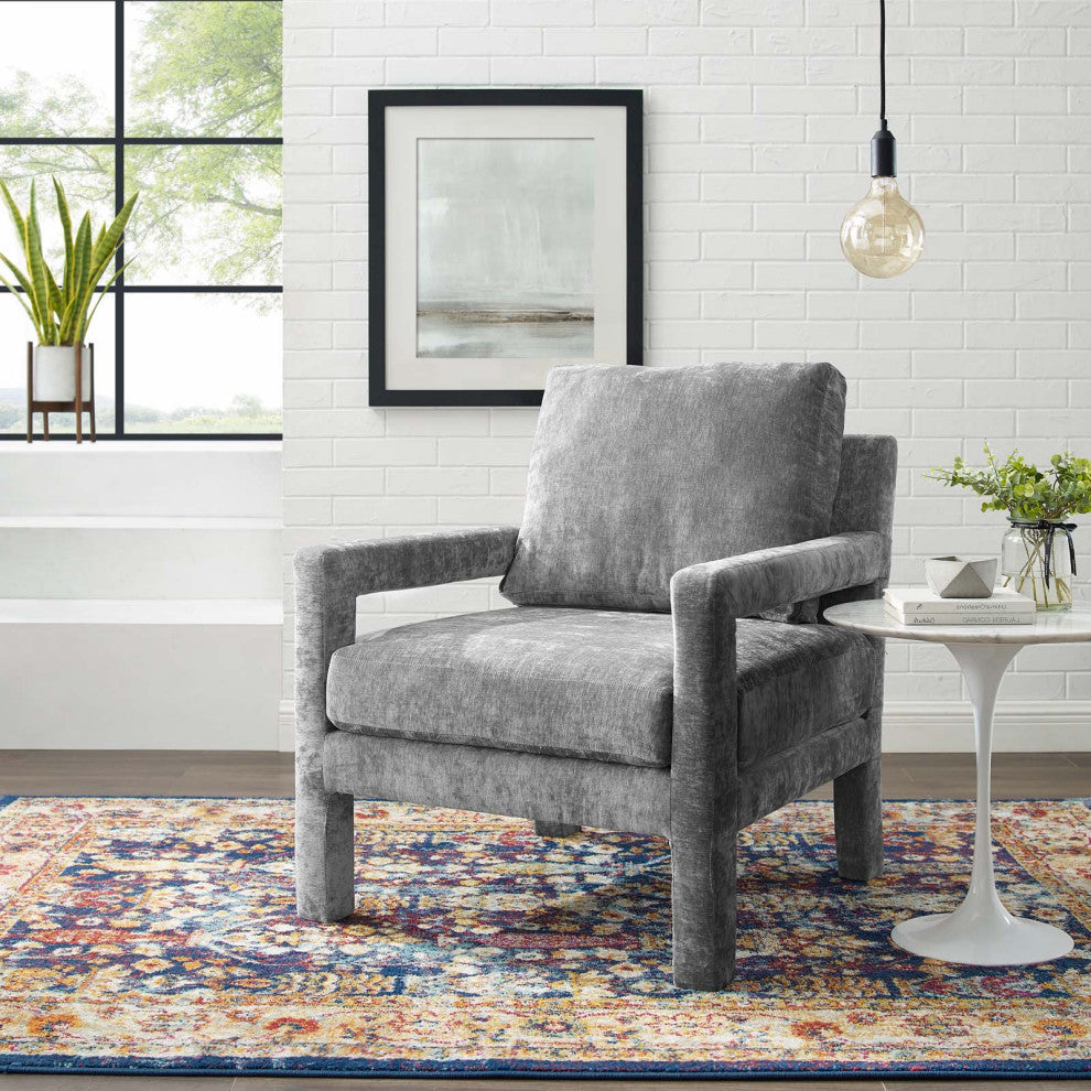 Armchair Accent Chair, Velvet, Gray, Modern, Living Lounge Hospitality
