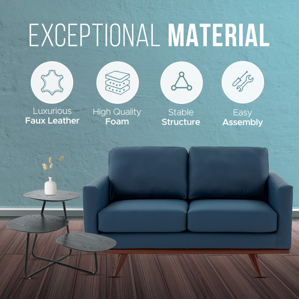 LeisureMod Chester Modern Leather Loveseat With Birch Wood Base, Navy Blue