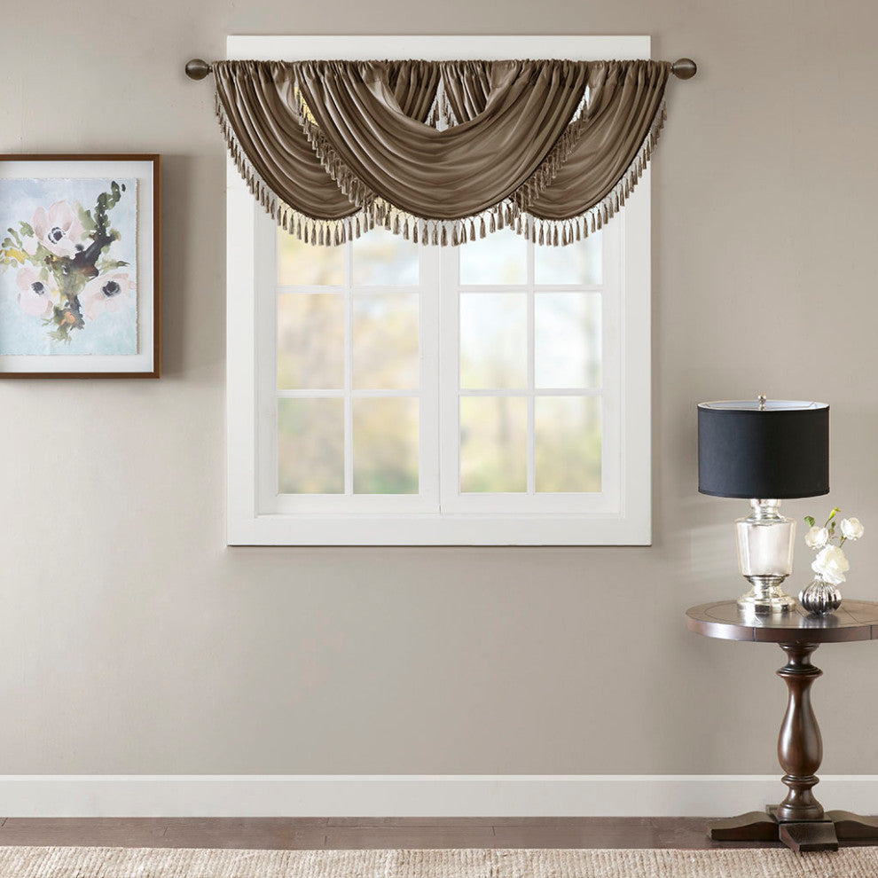 Madison Park Elena Silky Sheer Window Valance with Tassels, Bronze, Bronze