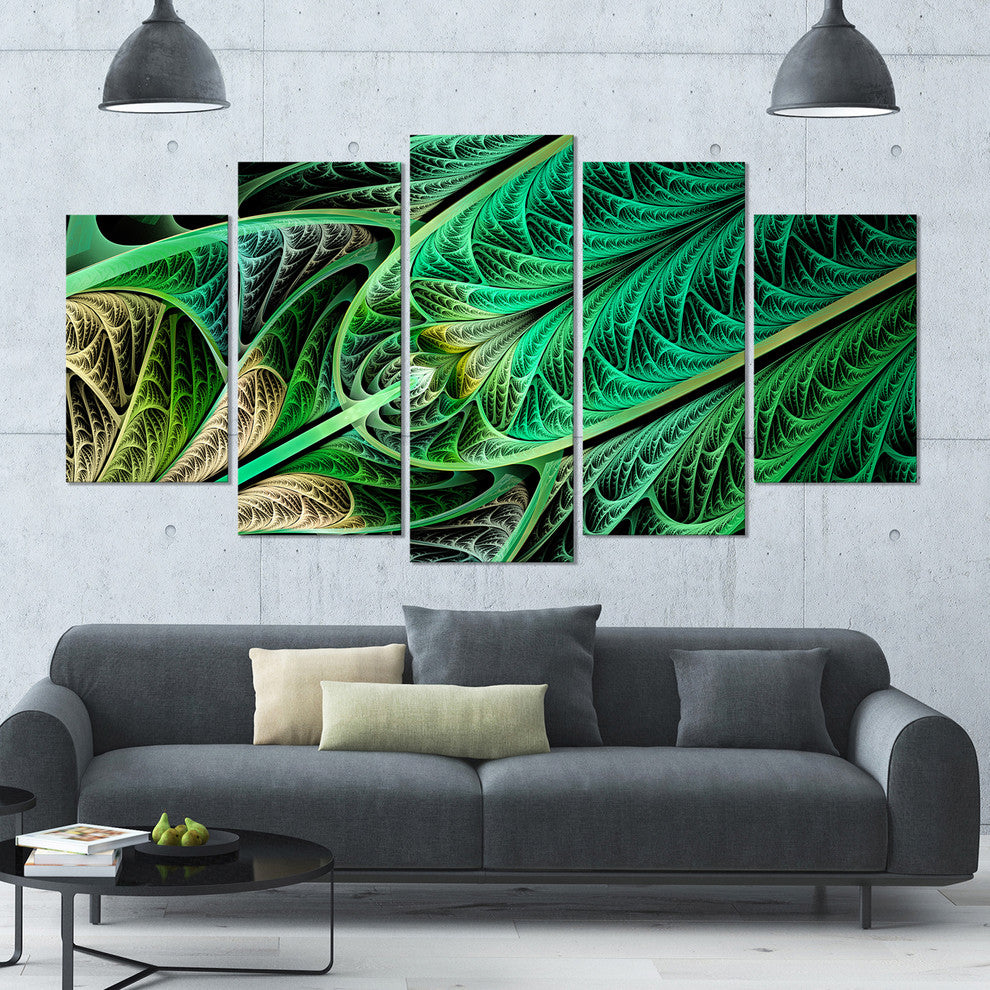 Green on Black Fractal Stained Glass, Abstract Canvas Art, 60"x32", 5 Panels