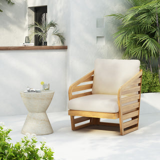 GDF Studio Outdoor Acacia Wood Club Chair with Waterproof Cushions, Teak Finish/Beige Cushion, Single