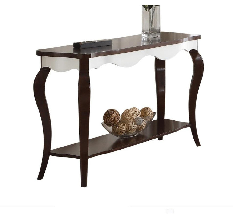 Benzara BM185767 Wooden Sofa Table with Cabriole Legs, Walnut Brown and White