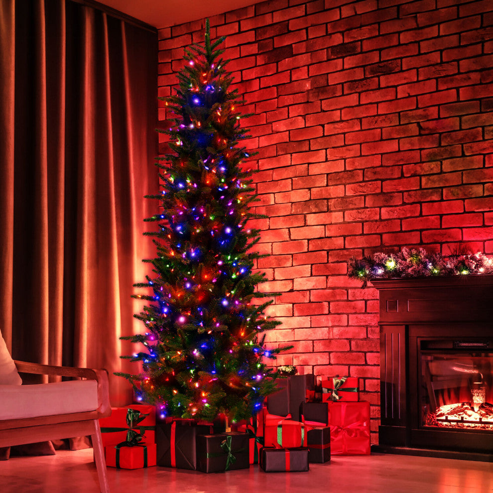 9' Carmel Pine Slim Artificial Christmas Tree, Multi-Color Led String Lights