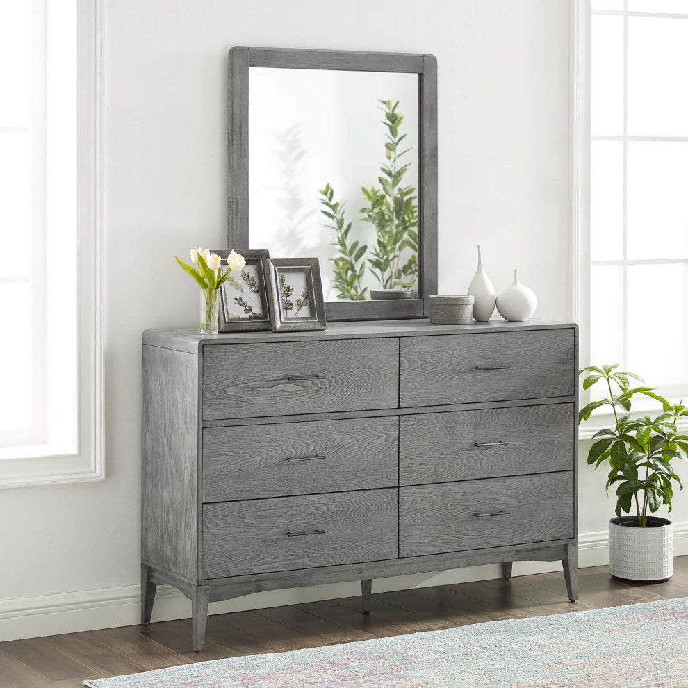 Dresser Drawer Chest Mirror Set, Wood, Gray, Modern Farmhouse Living