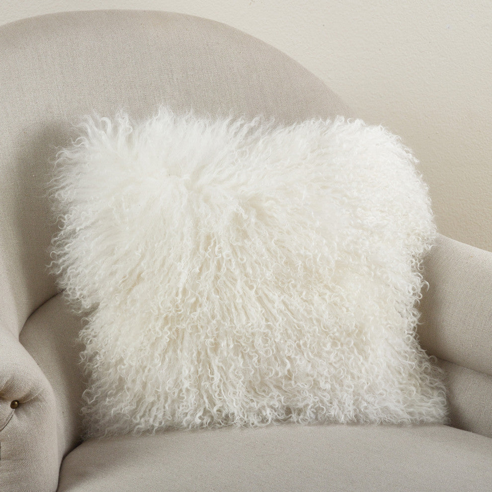Mongolian Lamb Fur Poly Filled Throw Pillow, Ivory, 16"x16"