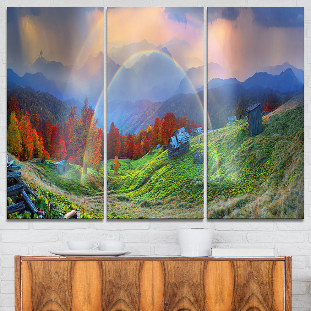 "Huts Over Autumn Mountains" Photo Canvas Art Print, 3 Panels, 36"x28"