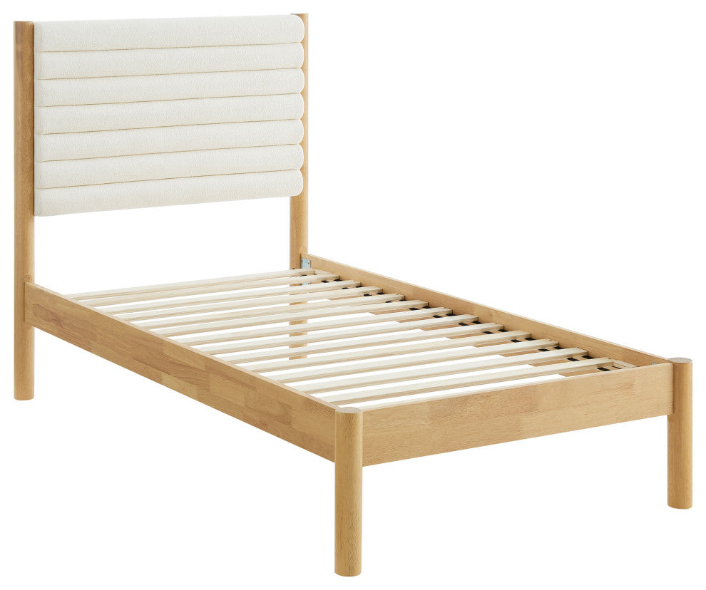 Olea Channel Tufted Boucle Solid Wood Twin Platform Bed, Feather Oak
