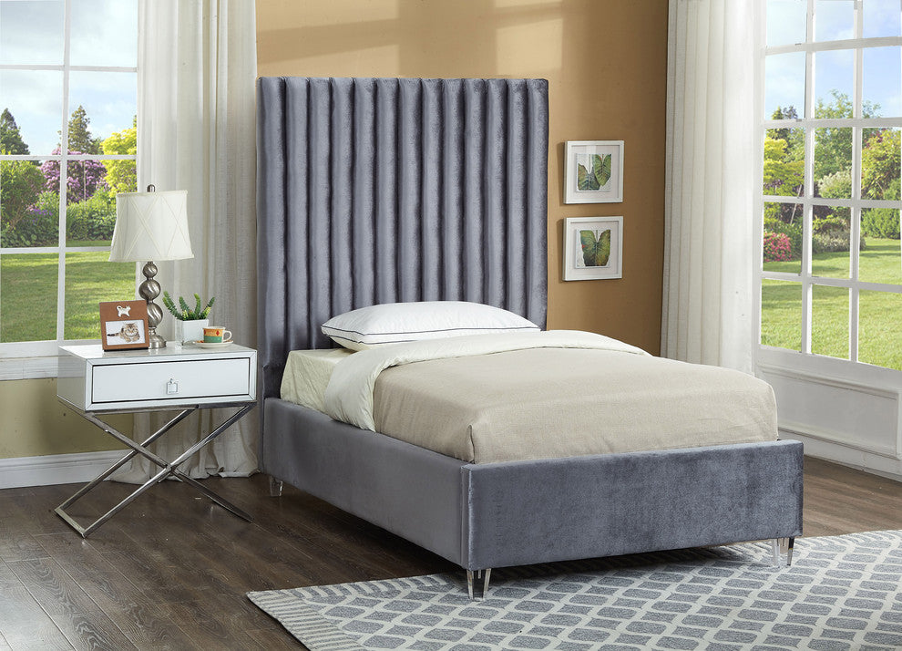 Candace Velvet Upholstered Bed, Gray, Twin