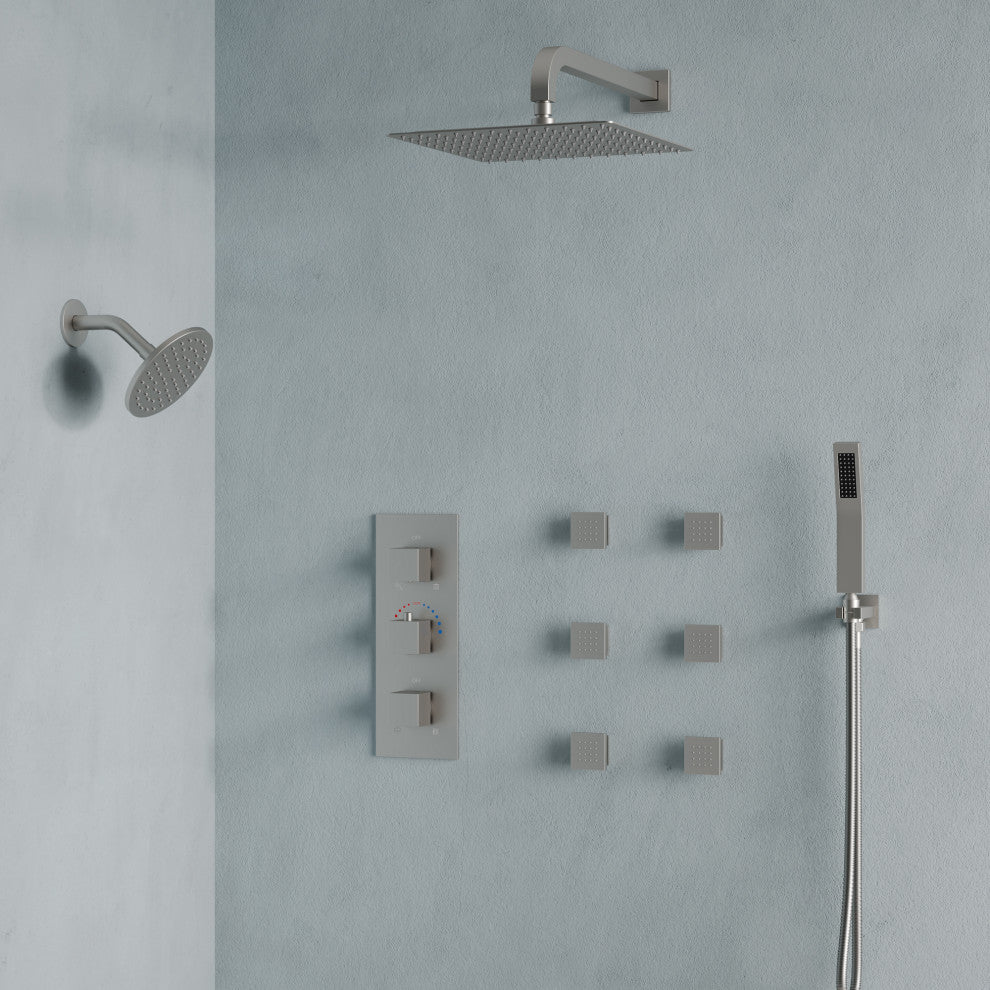 Dual Heads 12" Rain Shower System With 3 Way Thermostatic Faucet,Body Jets, Brushed Nickel