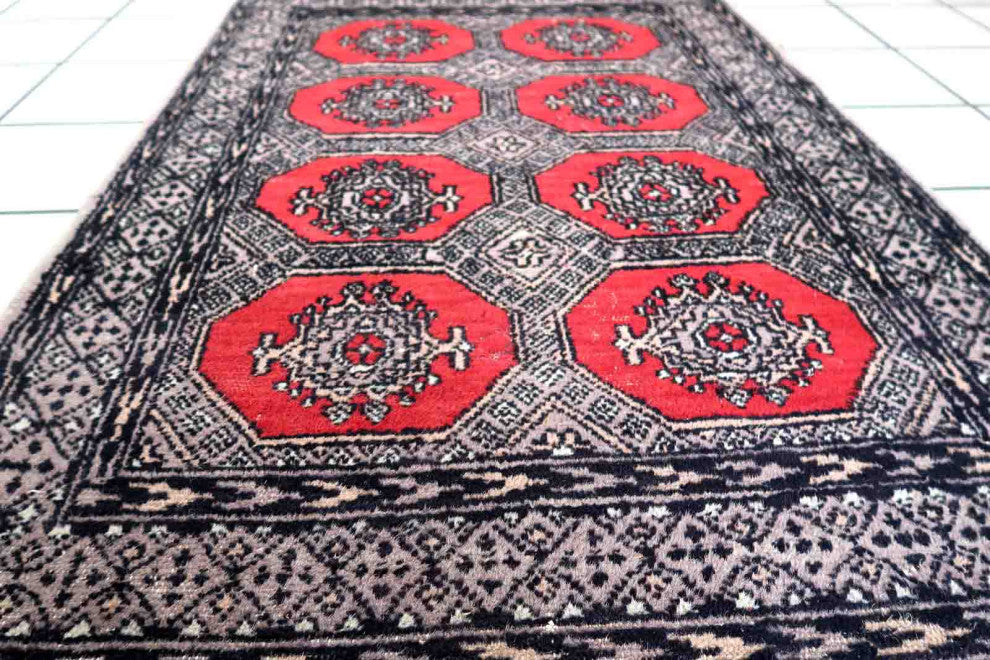 Handmade Vintage Uzbek Bukhara Rug 2.7'x4.1', 84cmx127cm, 1970s